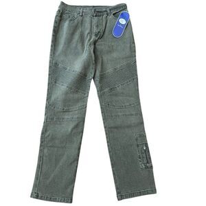 DG2 Diane Gilman Ladies Size 8 Khaki Green Moto Denim Jeans Zipper Pockets NWT